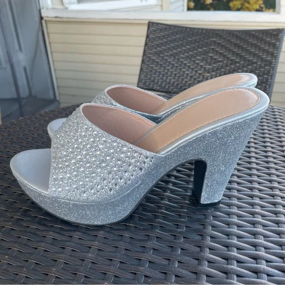 Silver Glitter Rhinestone Block Heeled Sandals Size 40 - Picture 4 of 11